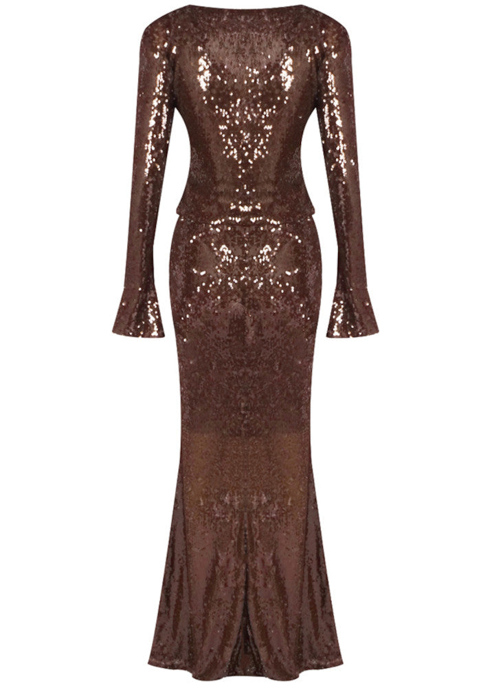 Long Sleeve Sequin Two Piece Maxi Dress Brown