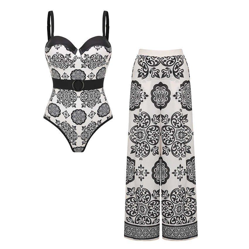 Sling White Retro Printed Swimsuit Set(s)