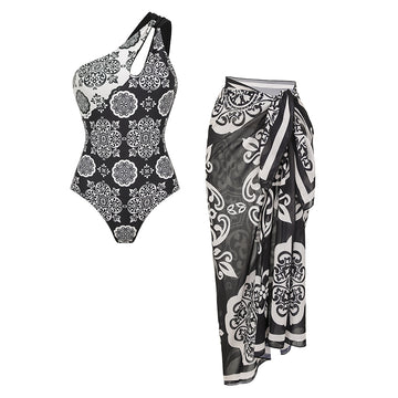 One Shoulder Cut Out Black Retro Printed Swimsuit Set(s)