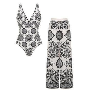 V Neck White Retro Printed Swimsuit Set(s)