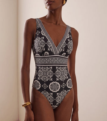 V Neck Black Retro Printed Swimsuit Set(s)