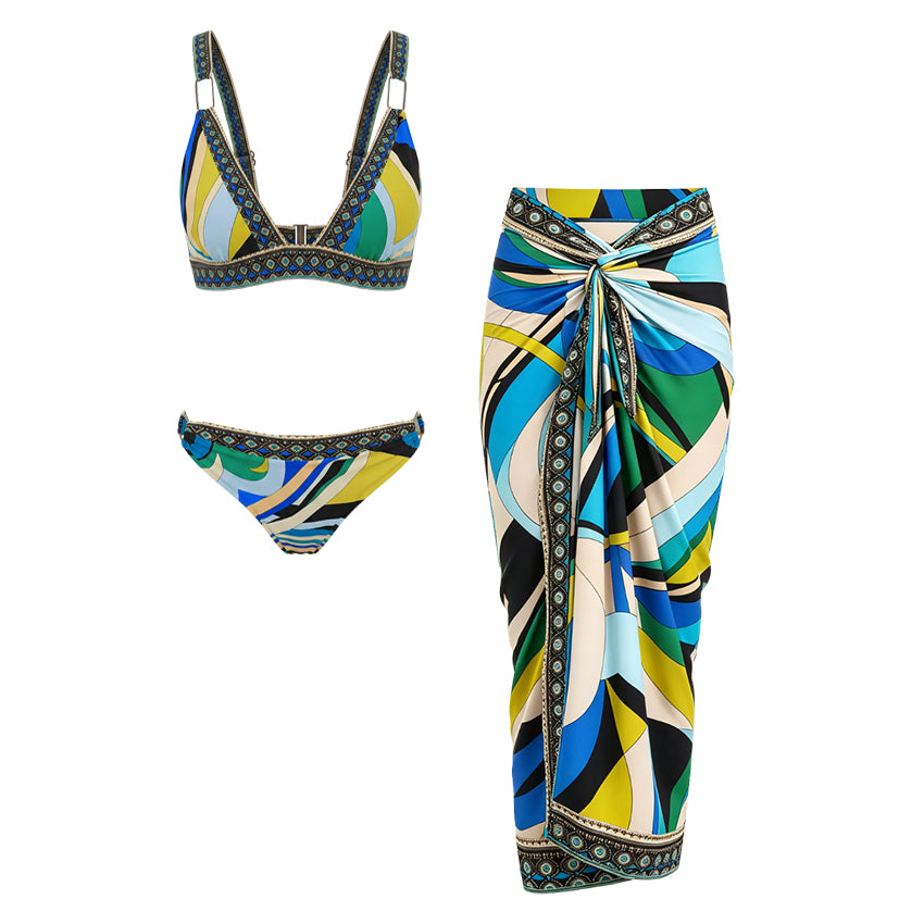 V Neck Sexy Geometric Patterns Printed Swimsuit Set(s)