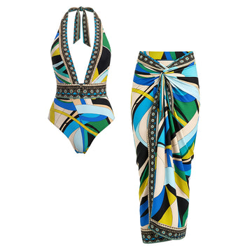 Halter Neck Geometric Patterns Printed Swimsuit Set(s)