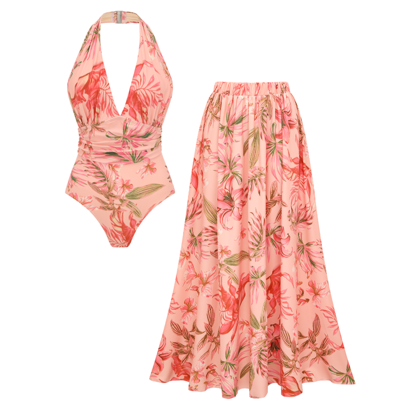 V-neck Pink Lily Print Swimsuit Set(s)