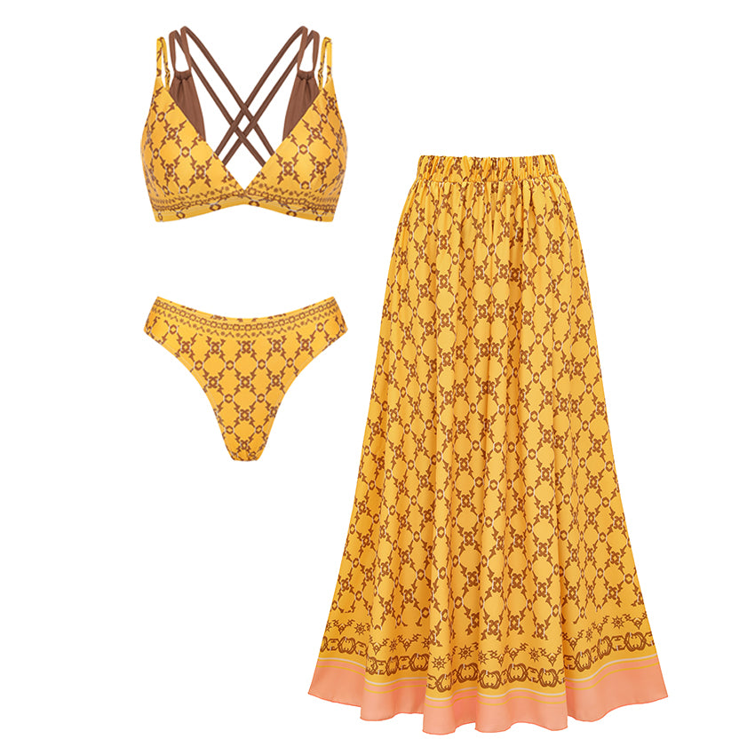Faux-layered Retro Printed Bikini Swimsuit Set(s)