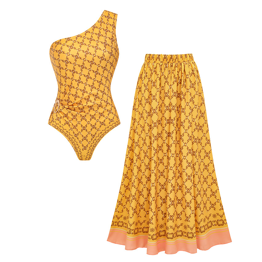 One Shoulder Yellow Retro Printed Swimsuit Set(s)