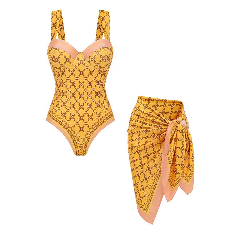 Sling Underwire Retro Yellow Printed Swimsuit Set(s)