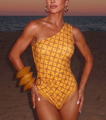 One Shoulder Yellow Retro Printed Swimsuit Set(s)
