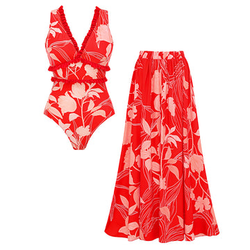 V Neck Ruffle Flower Printed Swimsuit Set(s)