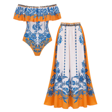 Off Shoulder Ruffle Retro Printed Swimsuit Set(s)