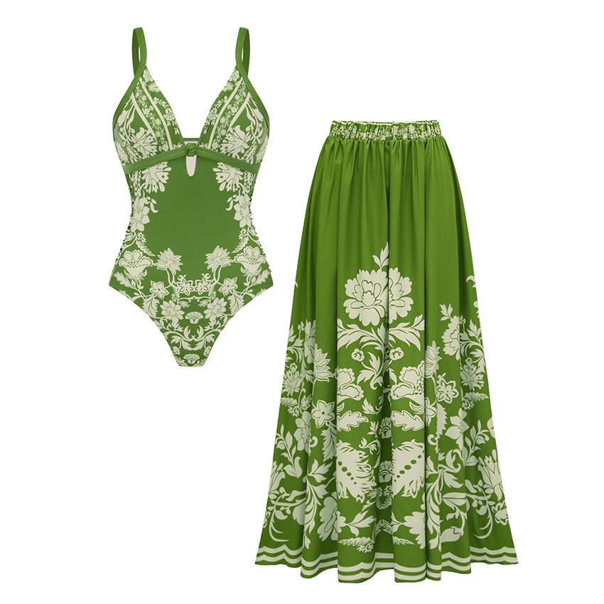 Sling Cut Out Green Retro Printed Swimsuit Set(s)
