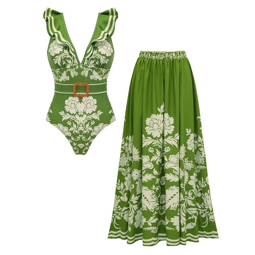 V Neck Ruffle Green Retro Printed Swimsuit Set(s)