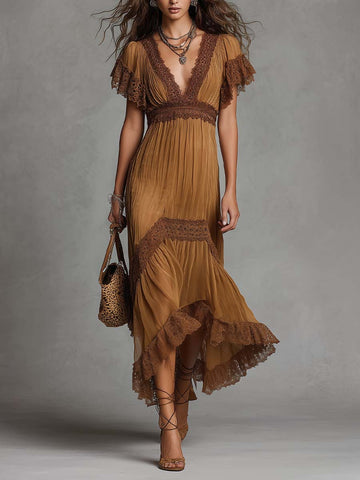 Boho Lace Trim Flutter Sleeve High Low Chiffon Midi Dress