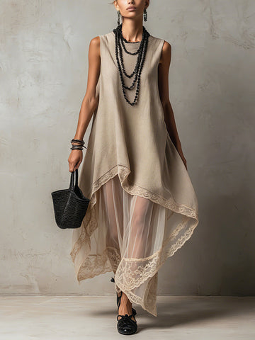 Light Khaki Sleeveless Two-Layer Sheer Lace Trim Maxi Dress