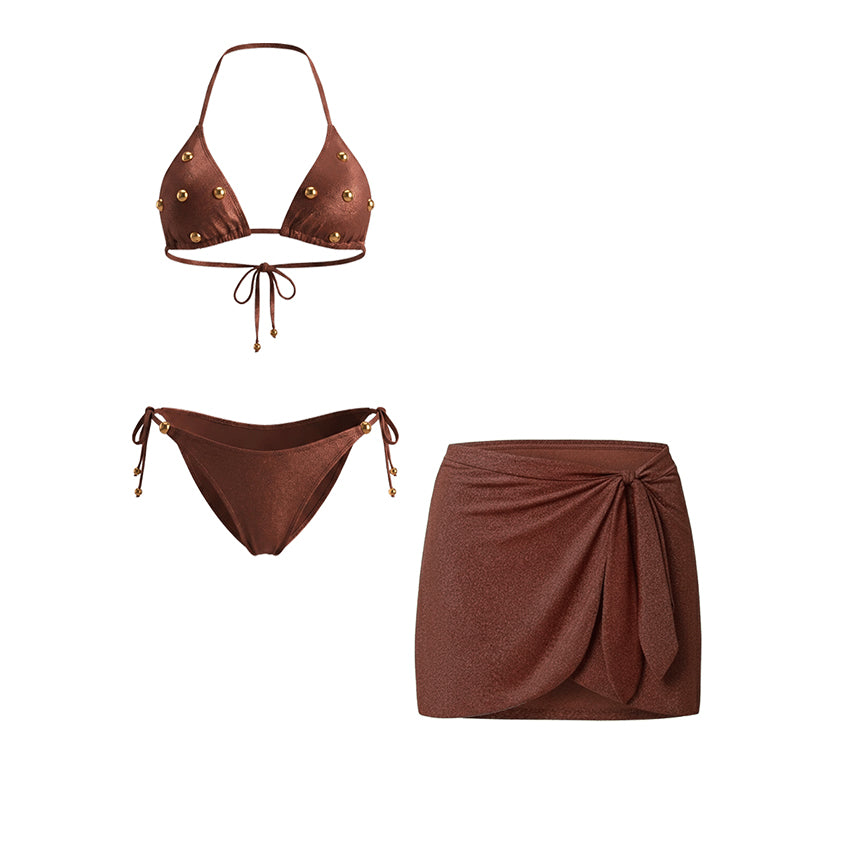 Sling Sexy Glossy Fabric Lace Up Bikini Swimsuit Set(s)