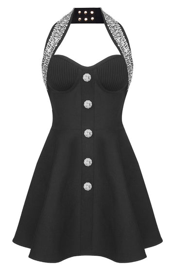 Halter Crystal Bustier A Line Dress Black