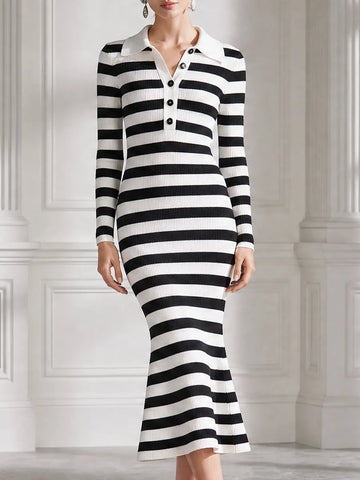 Striped Ribbed Knit Polo-Collar Mermaid Midi Dress