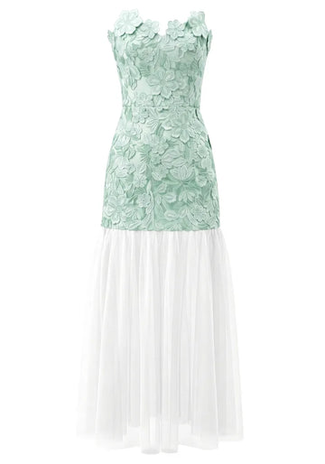 Strapless Floral A Line Maxi Dress Green