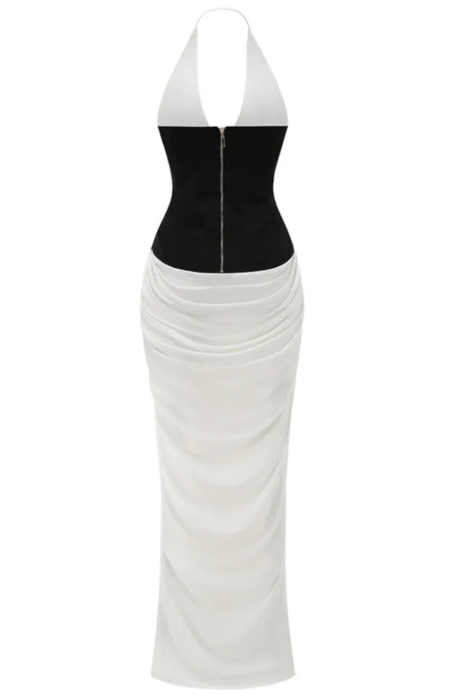 Halter Structured Draped Maxi Dress Black White