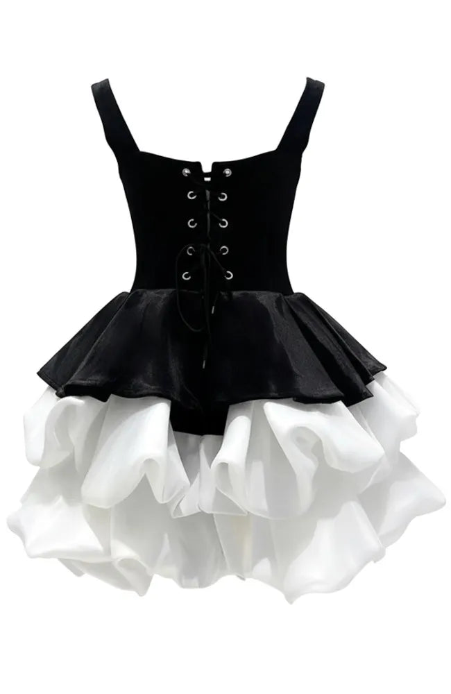 Puff Corset Velvet Dress Black White