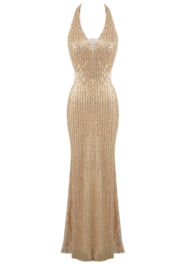Halter Sequin Maxi Dress Gold
