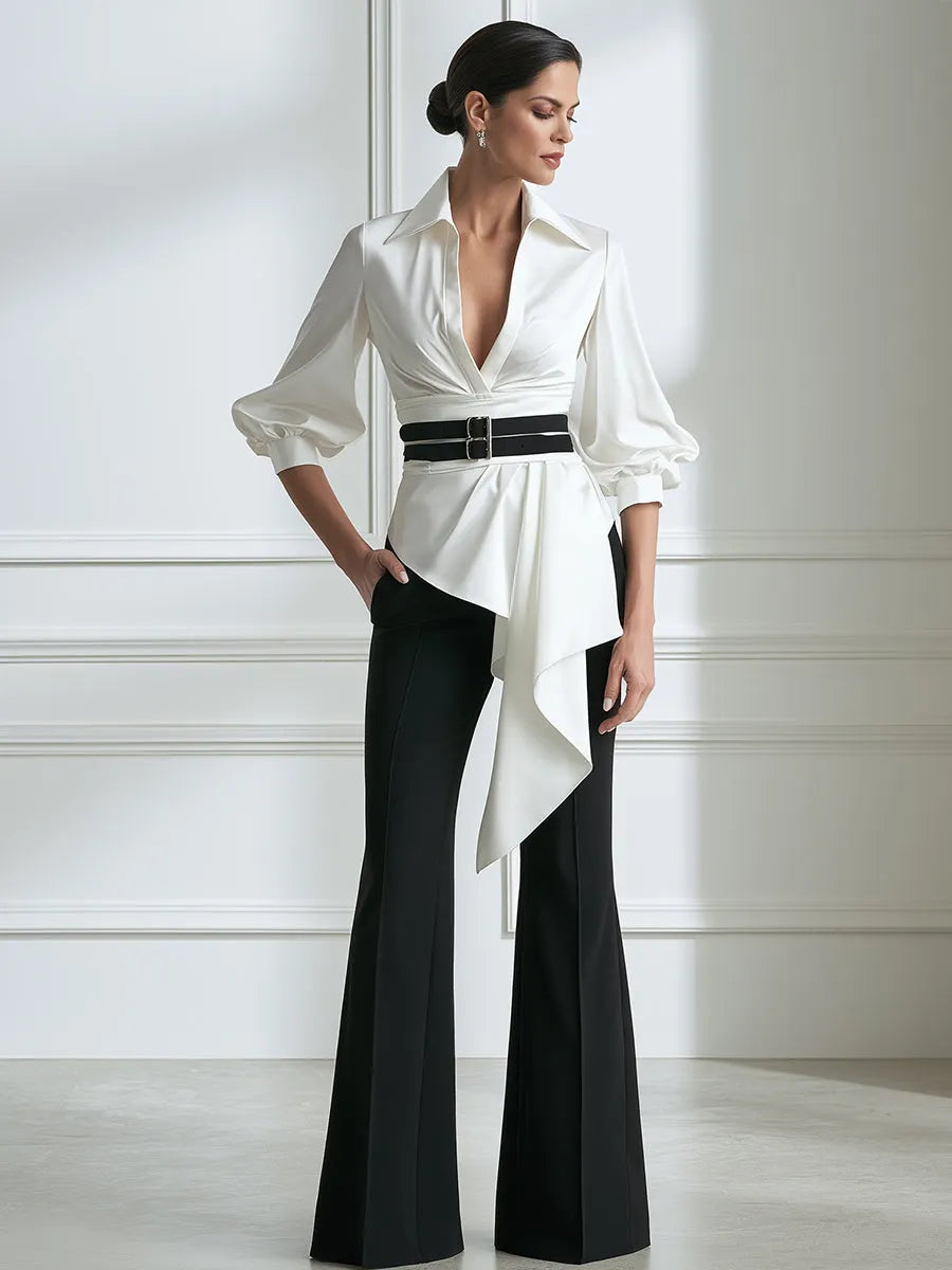 Asymmetric Draped Blouse And Flared Pants Set