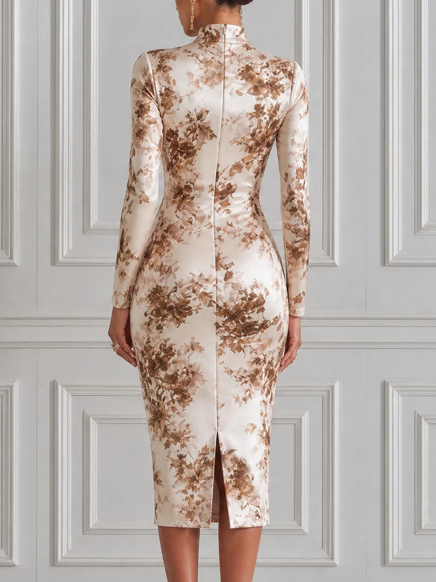 Ivory Brown Floral Print High Neck Bodycon Midi Dress