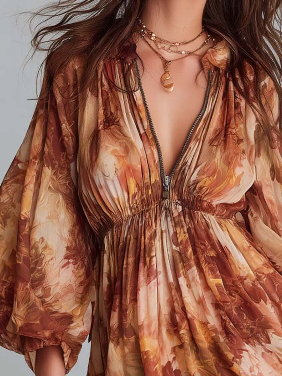 Floral Chiffon Zip-Front Mini Dress