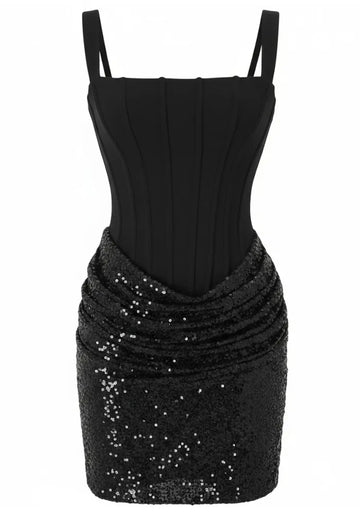 Draped Sequin Corset Dress Black