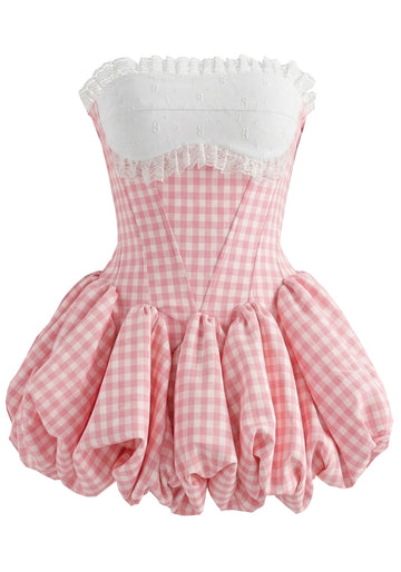 Strapless Lace Gingham Bubble Dress Pink