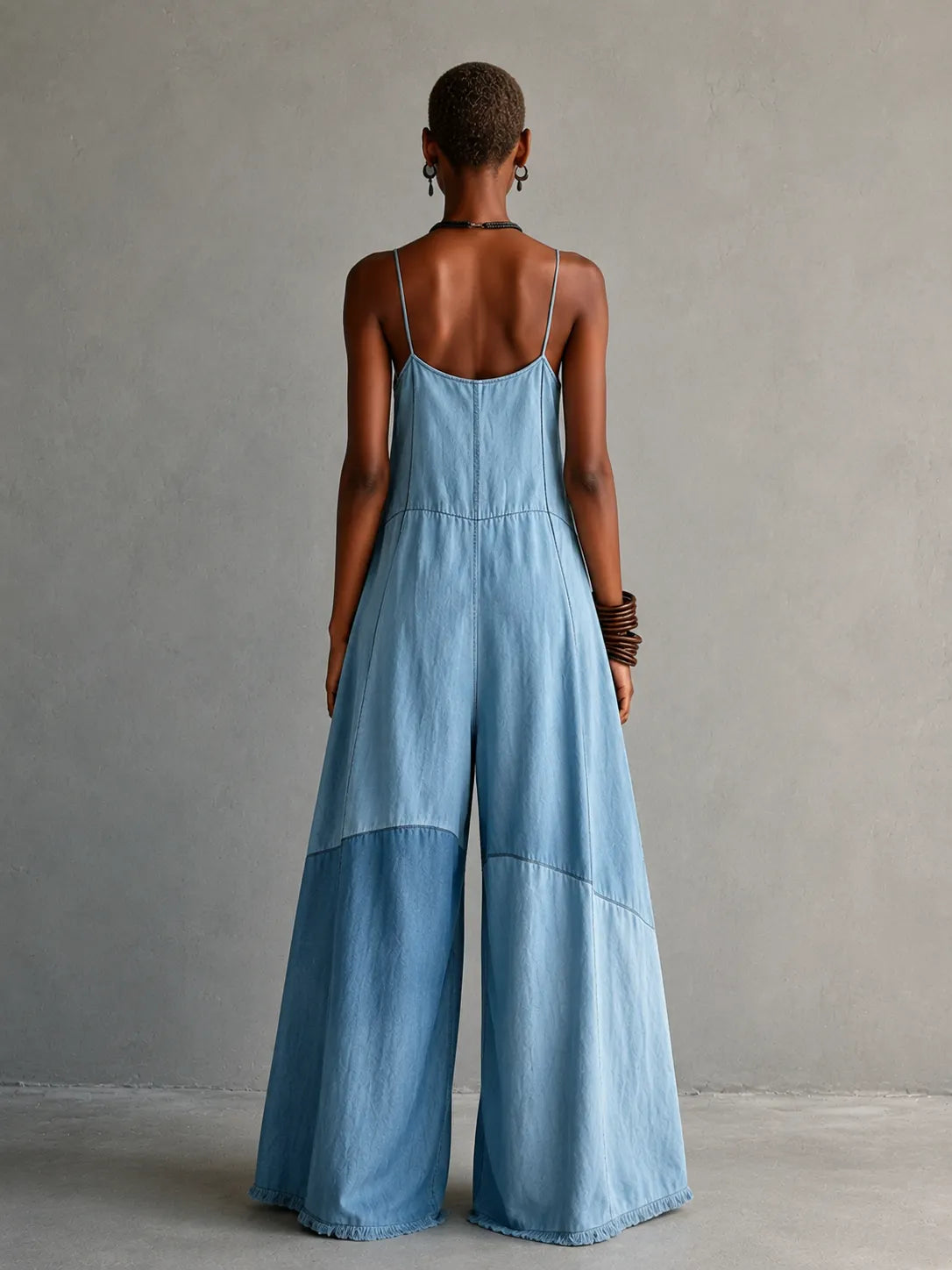 Denim Patchwork Wide Leg Spaghetti Strap Jumpsuit