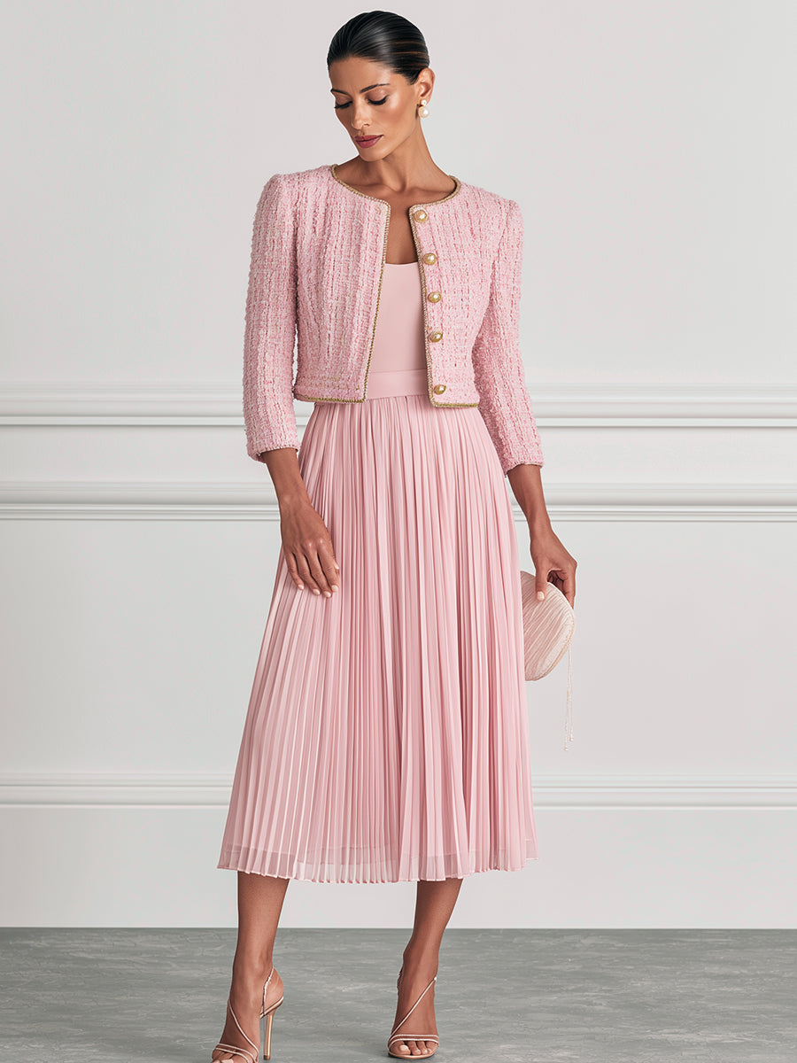 Pink Tweed Cropped Jacket & Pleated Midi Dress Set