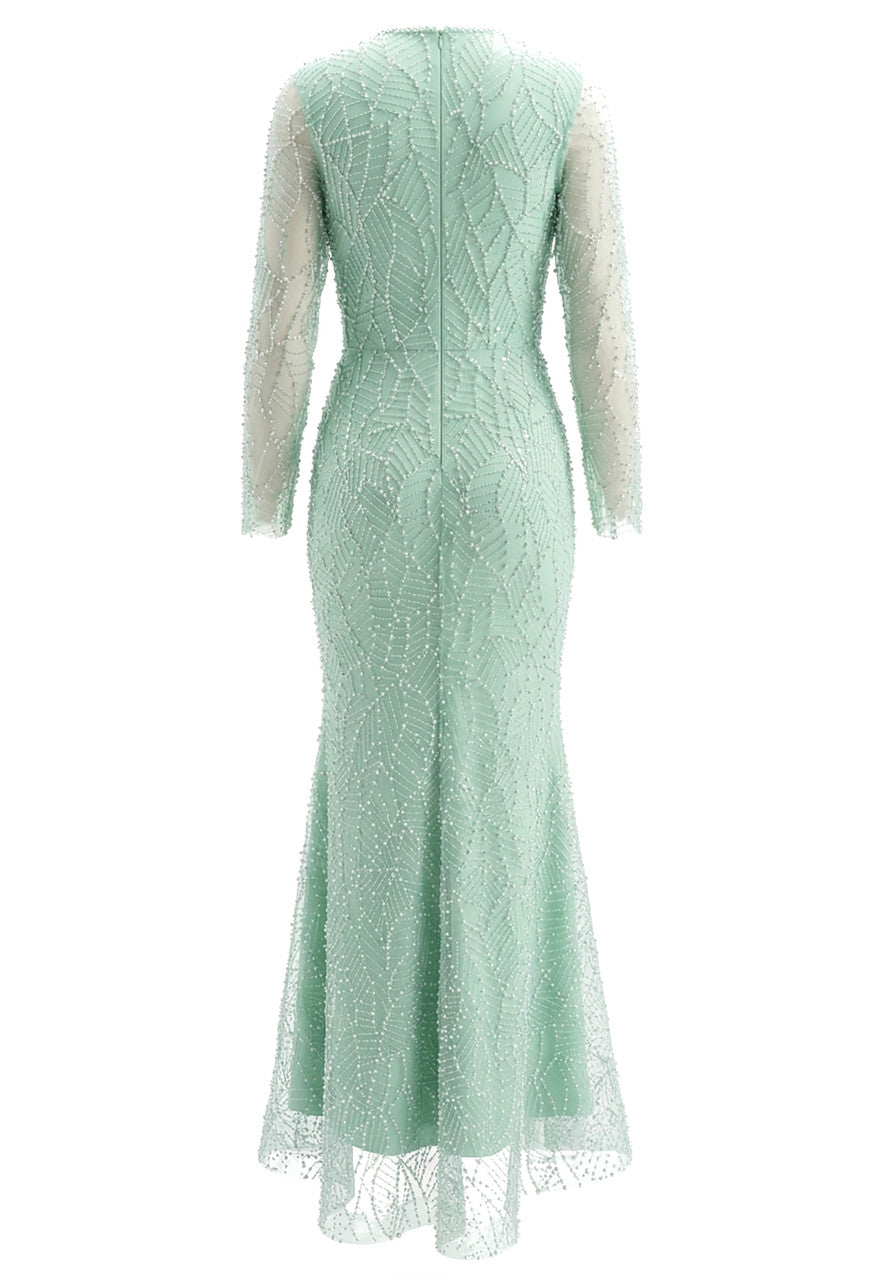 Long Sleeve Pearl Sequin Maxi Dress Green