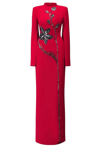 Long Sleeve Sequin Floral Maxi Dress Red