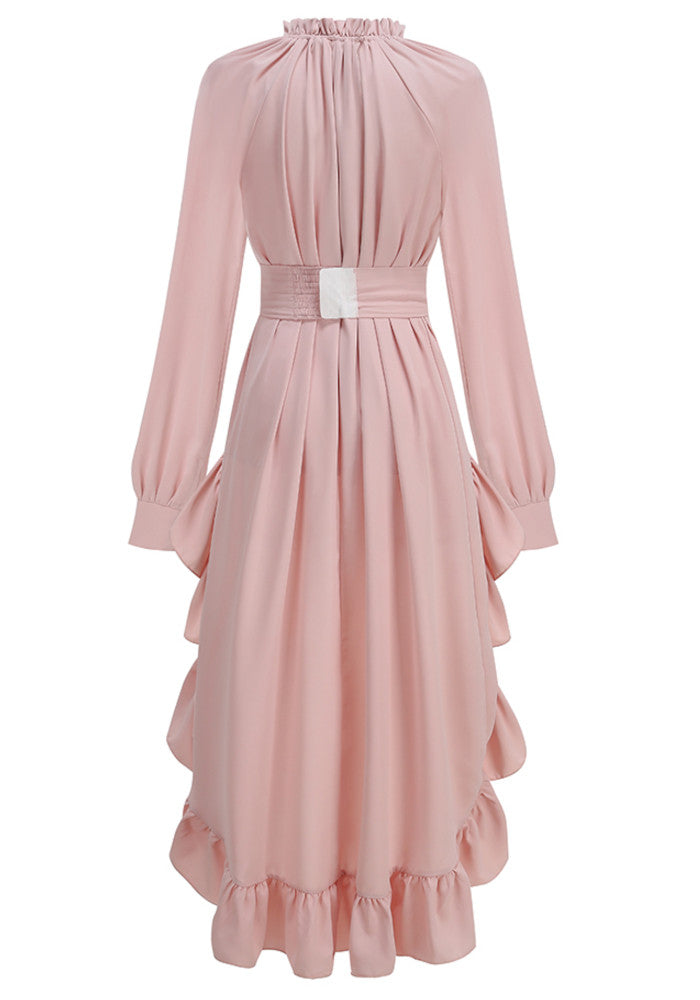 Long Sleeve High Low Ruffle Maxi Dress Pink