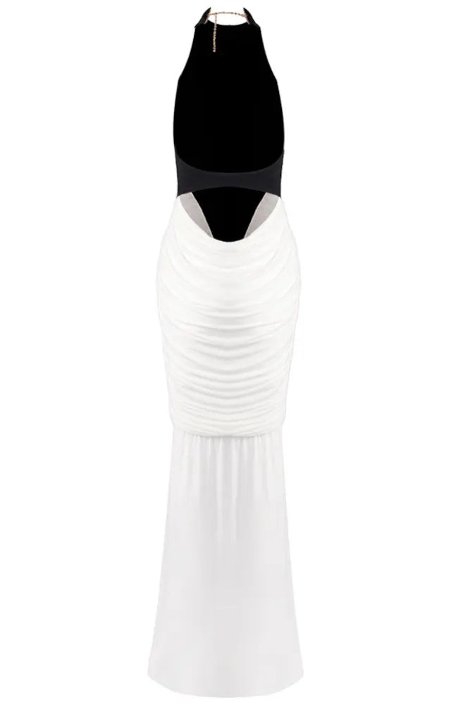 Halter Draped Detail Maxi Dress Black White