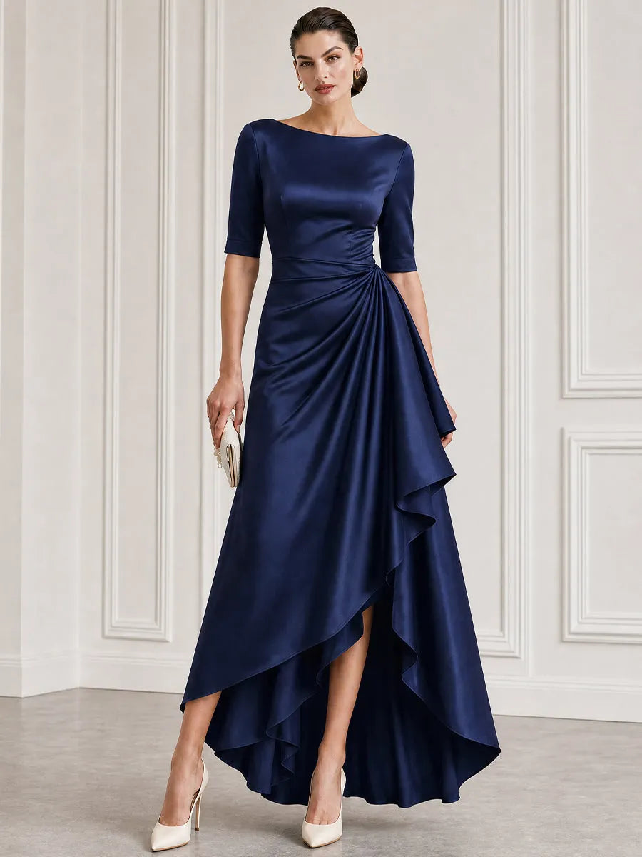 Satin Boat-Neck Ruched High-Low Maxi Gown