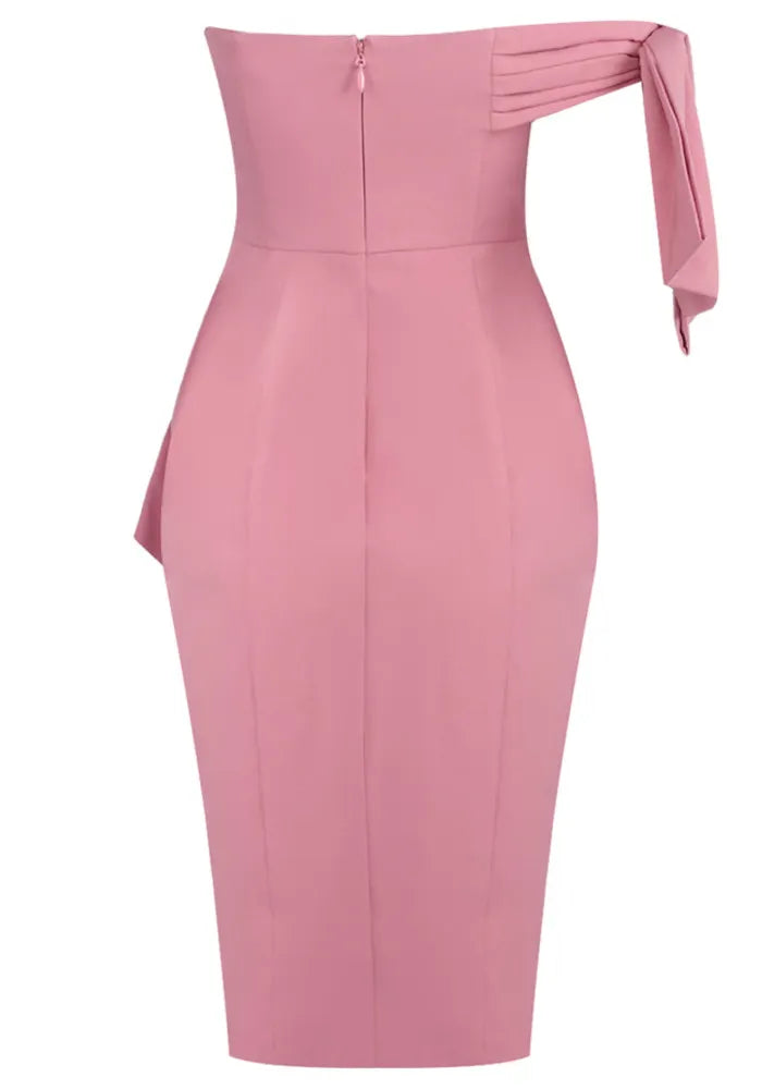 One Shoulder Bardot Ruffle Midi Dress Pink