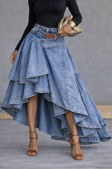 Light Blue Denim Asymmetrical Ruffle Maxi Skirt