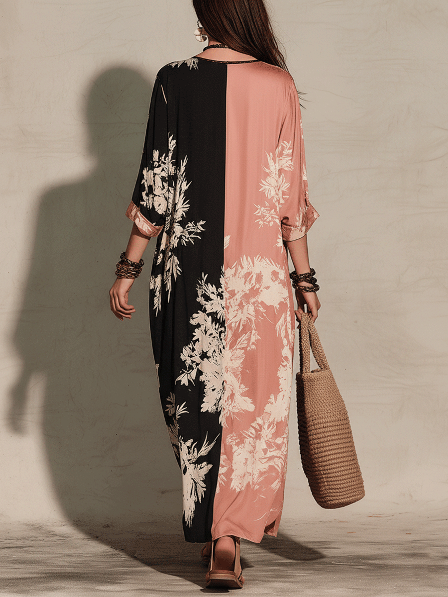 Effortless Boho Two-Tone Floral Slit Maxi Dress