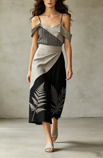 Women's Off-Shoulder Asymmetric Patchwork Midi Dress with Fern Print