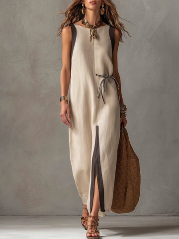 Bohemian Linen Color Blocked Belted Maxi Dress