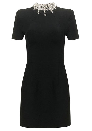 Short Sleeve Crystal Neckline Dress Black