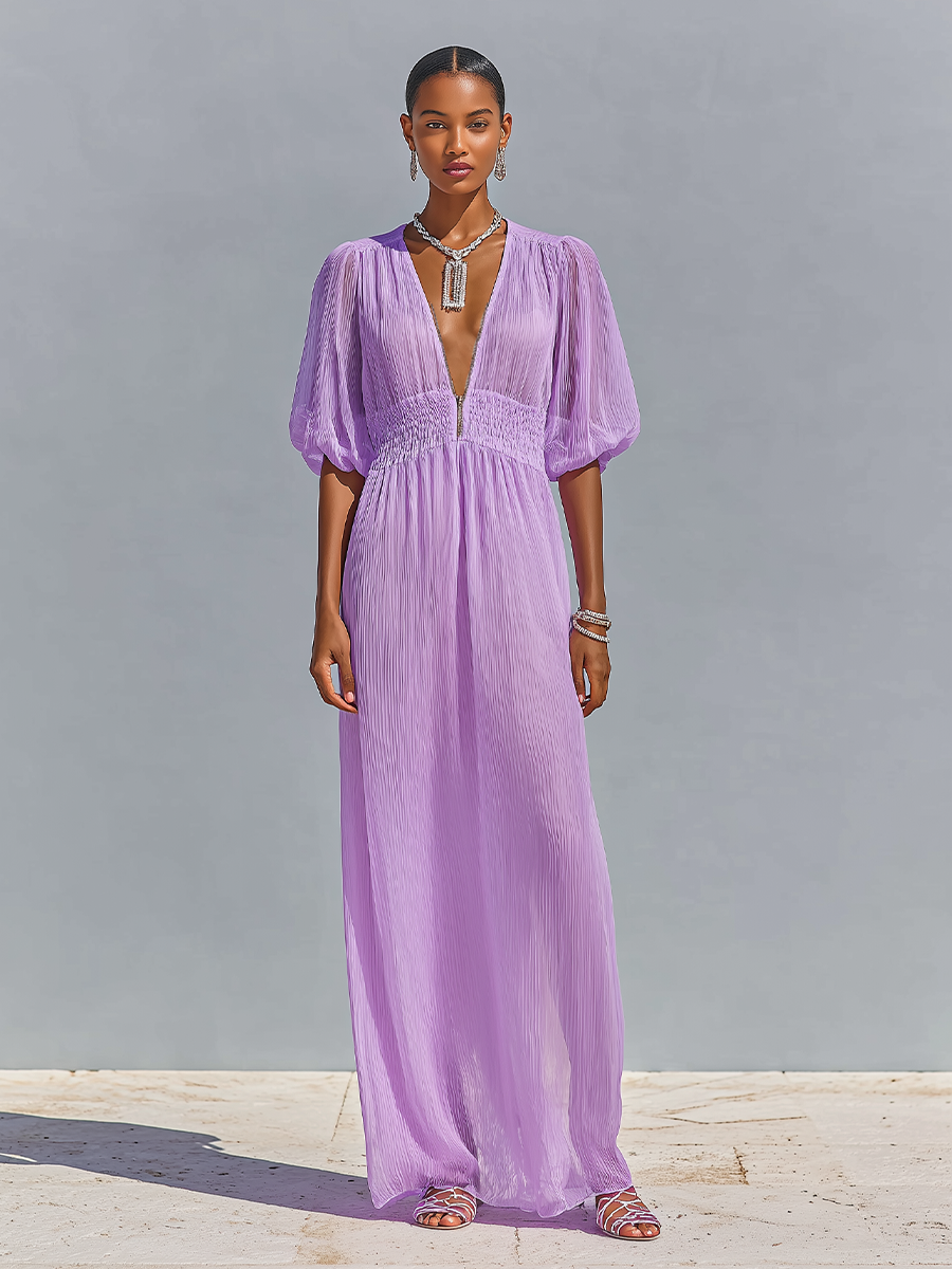 Women's Lavender Crinkled Chiffon Maxi Dress With Deep V-Neck & Smocked Waist, Timeless Romantic-Resort Style Dress MDZ2029D0LYL