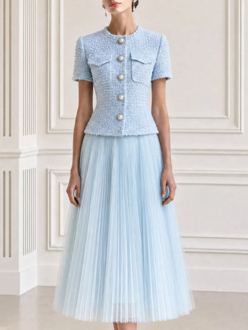 Tweed Short Sleeve Jacket & Pleated Tulle Midi Skirt Set