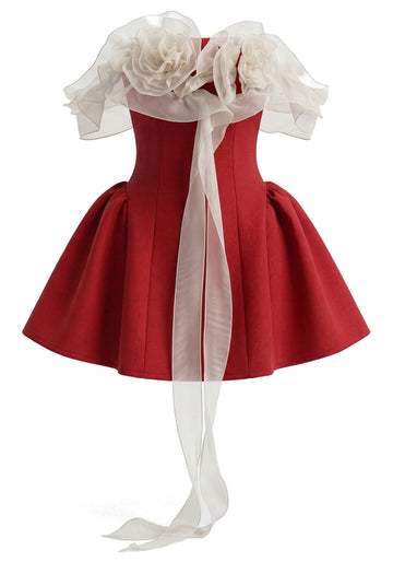 Floral Ruffle Bardot A Line Dress Red Ivory