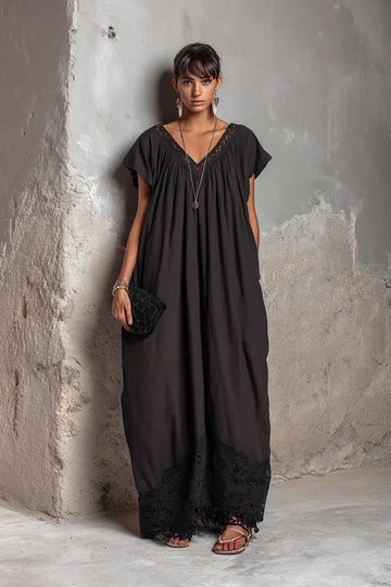 Women's Black V-Neck Lace Trim Short Sleeve Oversized Maxi Dress