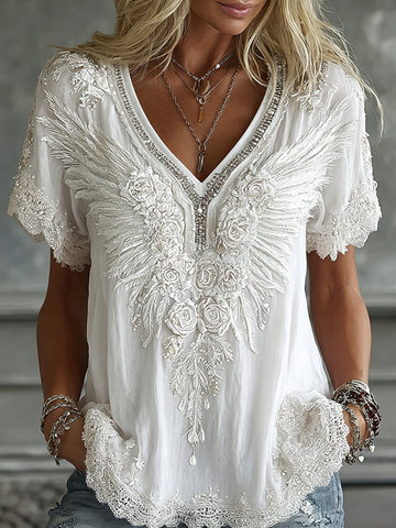 Women's Wing Rose Embroidery Art V Neck Short Sleeve T-shirt