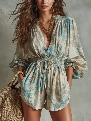 Beige Print V Neck Short Set