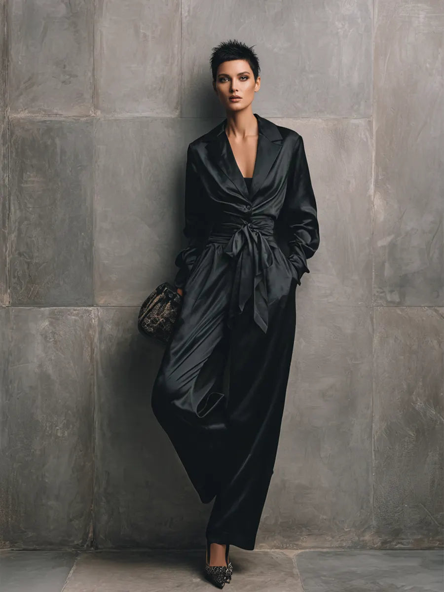 Women's Minimalist Black Satin V-Neck Fitted Waist Belted Wide-Leg Jumpsuit MDZ2017D7GMJ